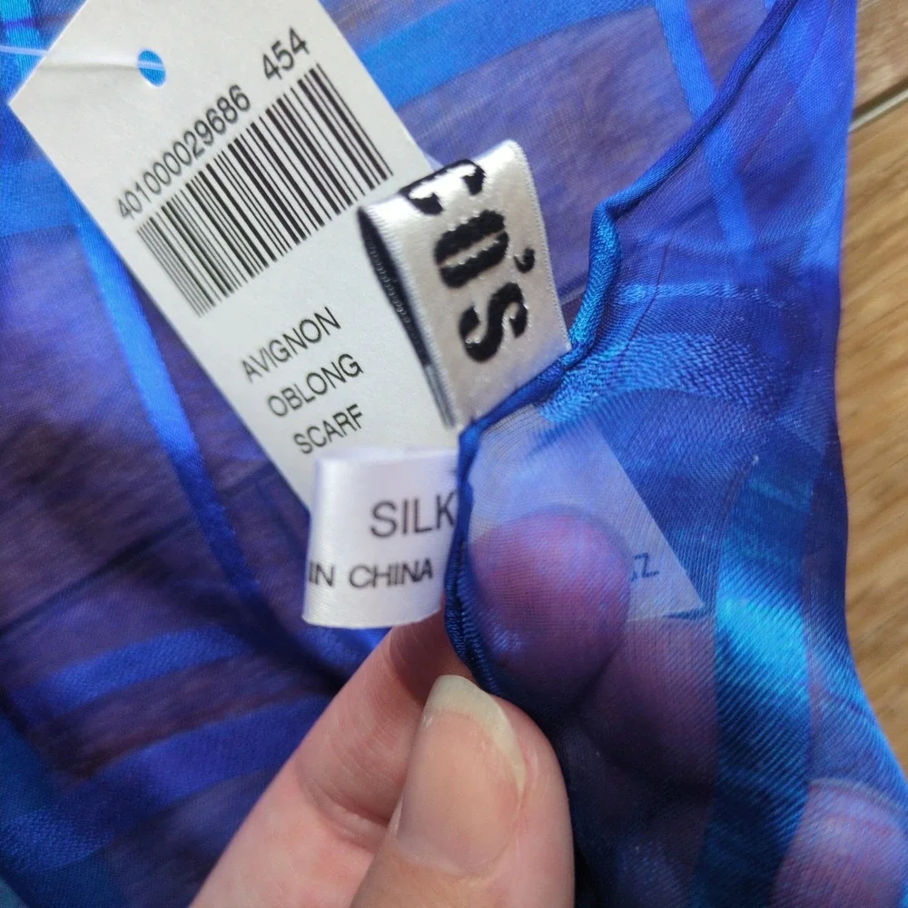 NWT Chico's Sheer Blue Geometric 100% Silk Scarf Teal Windowpane Oblong Stripe